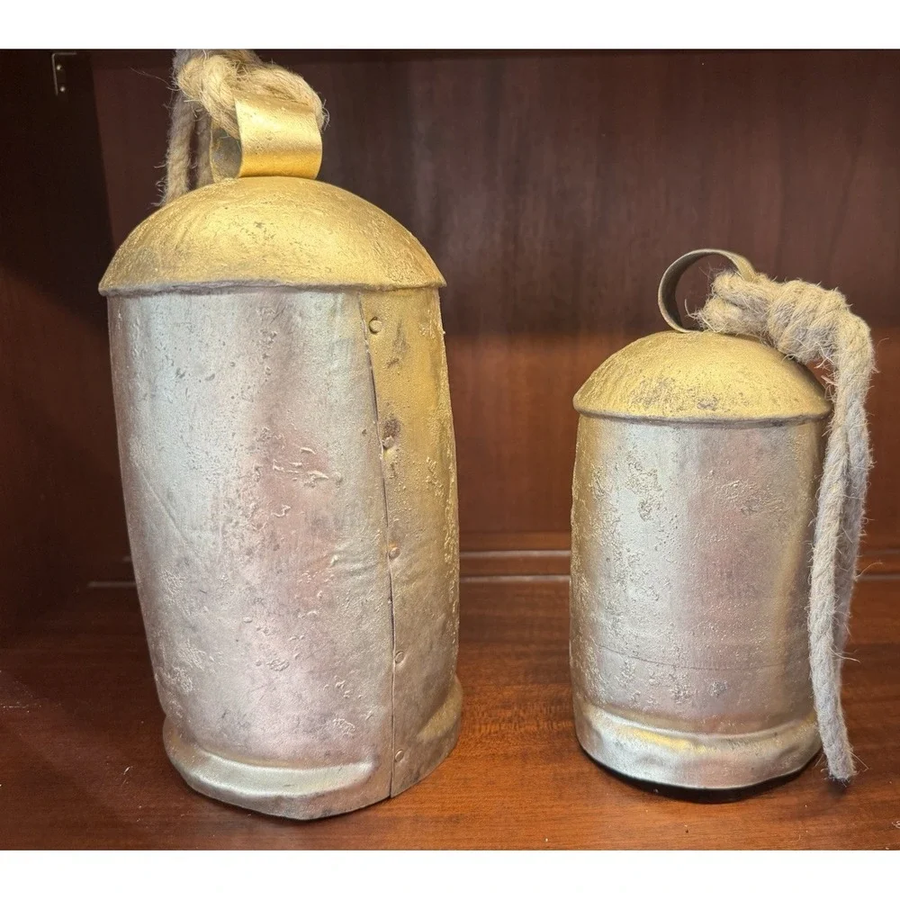 Rustic Metal BellSet of 2 Rope Hanging Farmhouse Cottage Decor